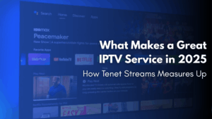 Modern IPTV interface showing live TV and movie streaming options via TenetStream
